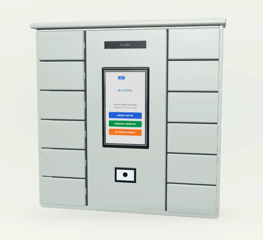 AccoBox self check-in locker with a touchscreen and 12 key compartments