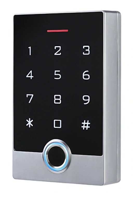 Black and silver front-door access controller with numeric keypad
